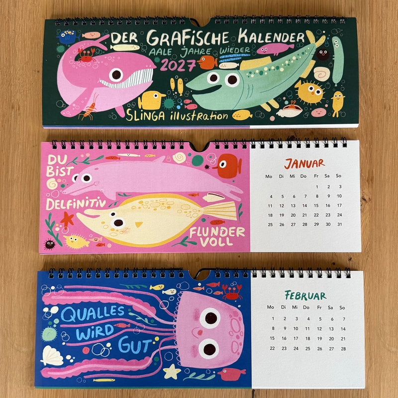 Schmaler Wandkalender 2027 mit Fischen, mehrere Monate