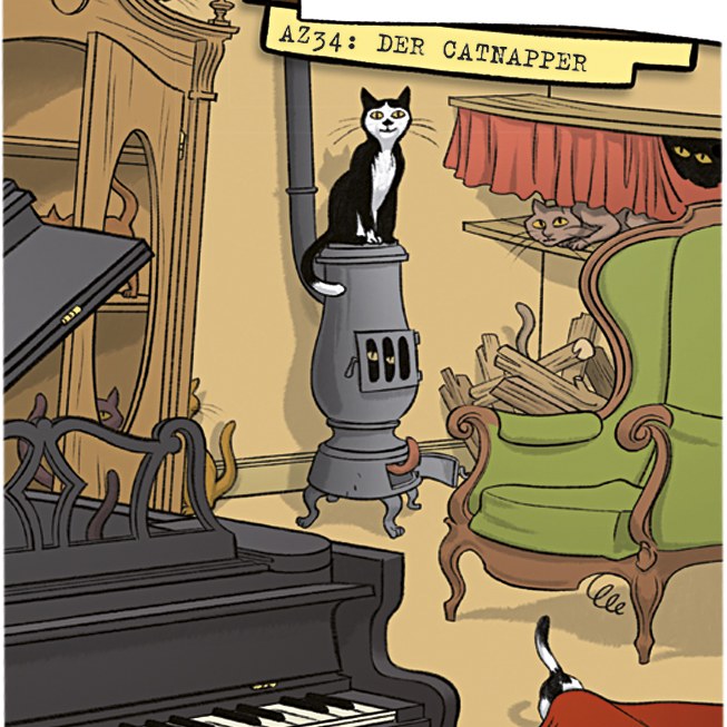 Wimmelbild mit Katze auf einem Ofen, Fall Der Catnapper