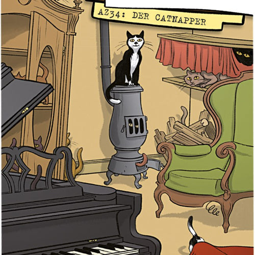 Wimmelbild mit Katze auf einem Ofen, Fall Der Catnapper