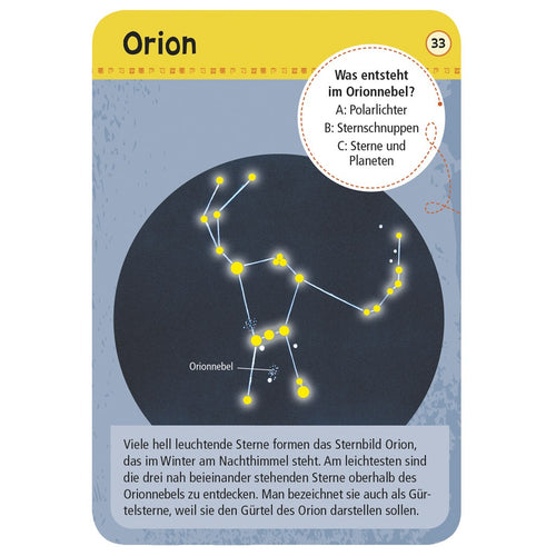 Spielkarte Orion mit Sternbild und Quizfrage