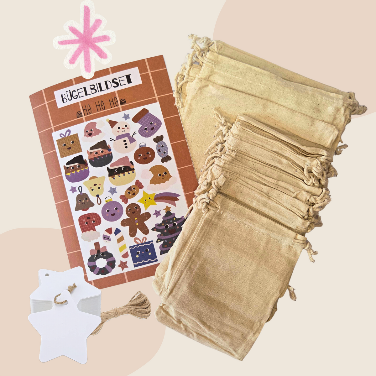Adventskalender Bundle - Baumwoll-Säckchen mit Bügelbildern "Ho Ho Ho"