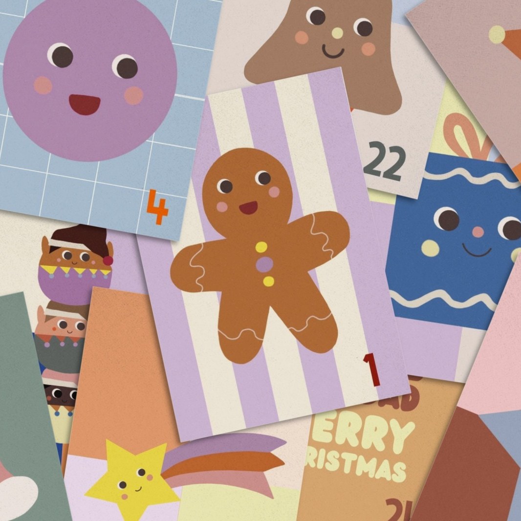 Bunte Adventskalender-Karten ausgebreitet