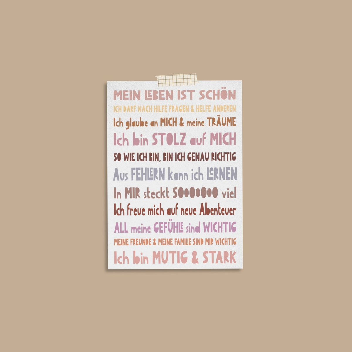 Affirmationskarte Sweet Words mit Sätzen in Pastellfarben wie Mein Leben ist schön