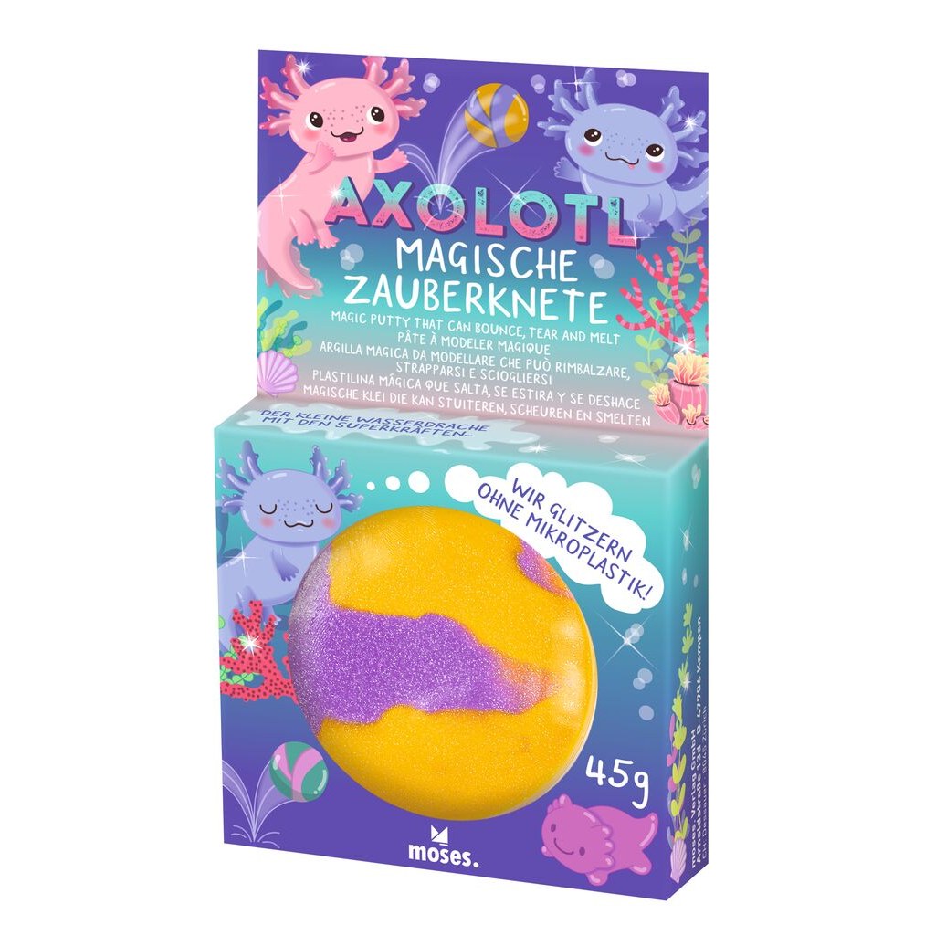 Verpackung Axolotl-Zauberknete, gelb-lila