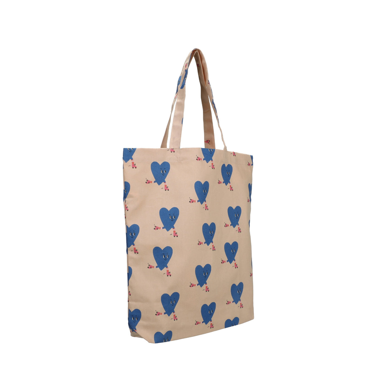 Beige Baumwolltasche mit blauen Herzen auf Rollschuhen