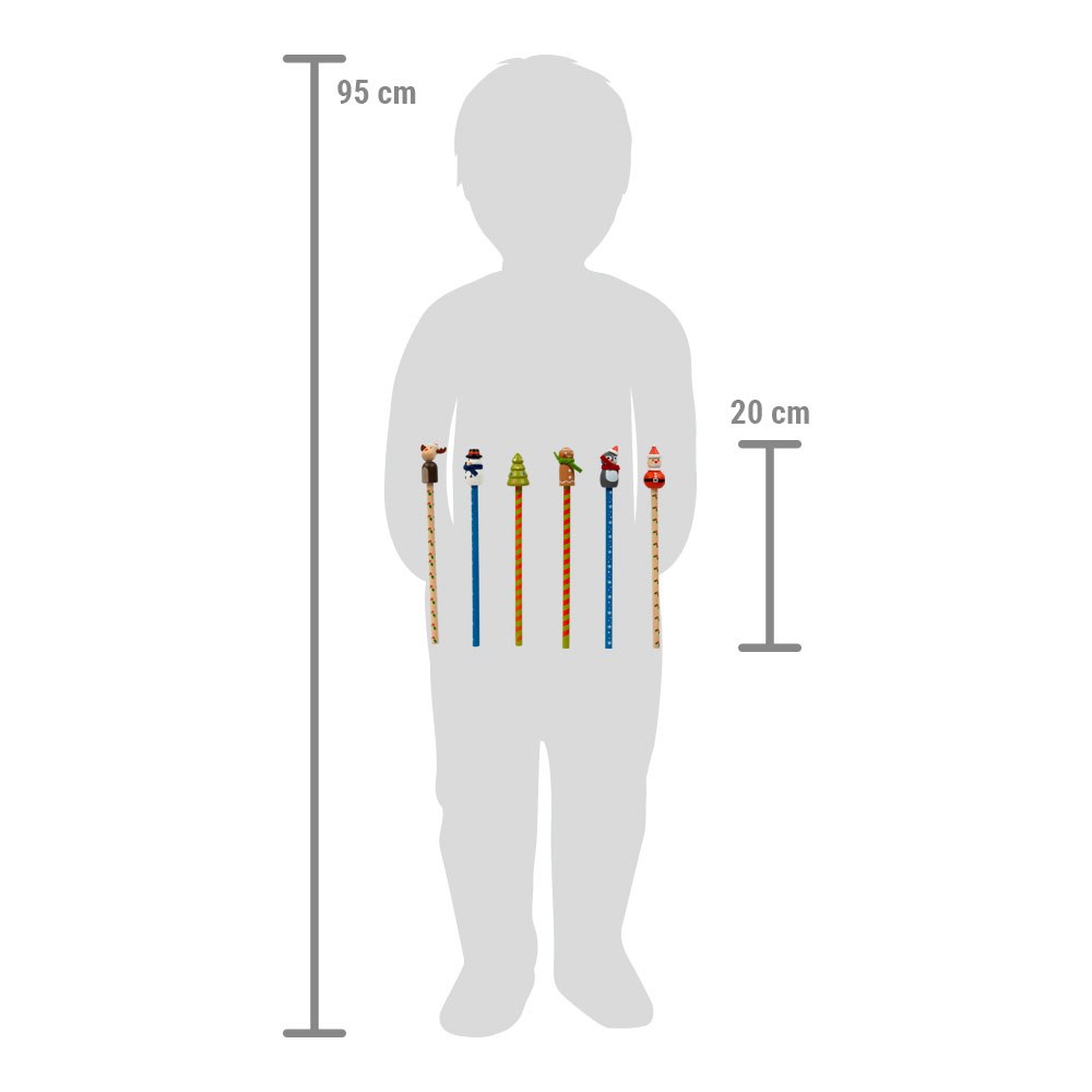Maßzeichnung des Bleistift-Sets neben einer Kindersilhouette