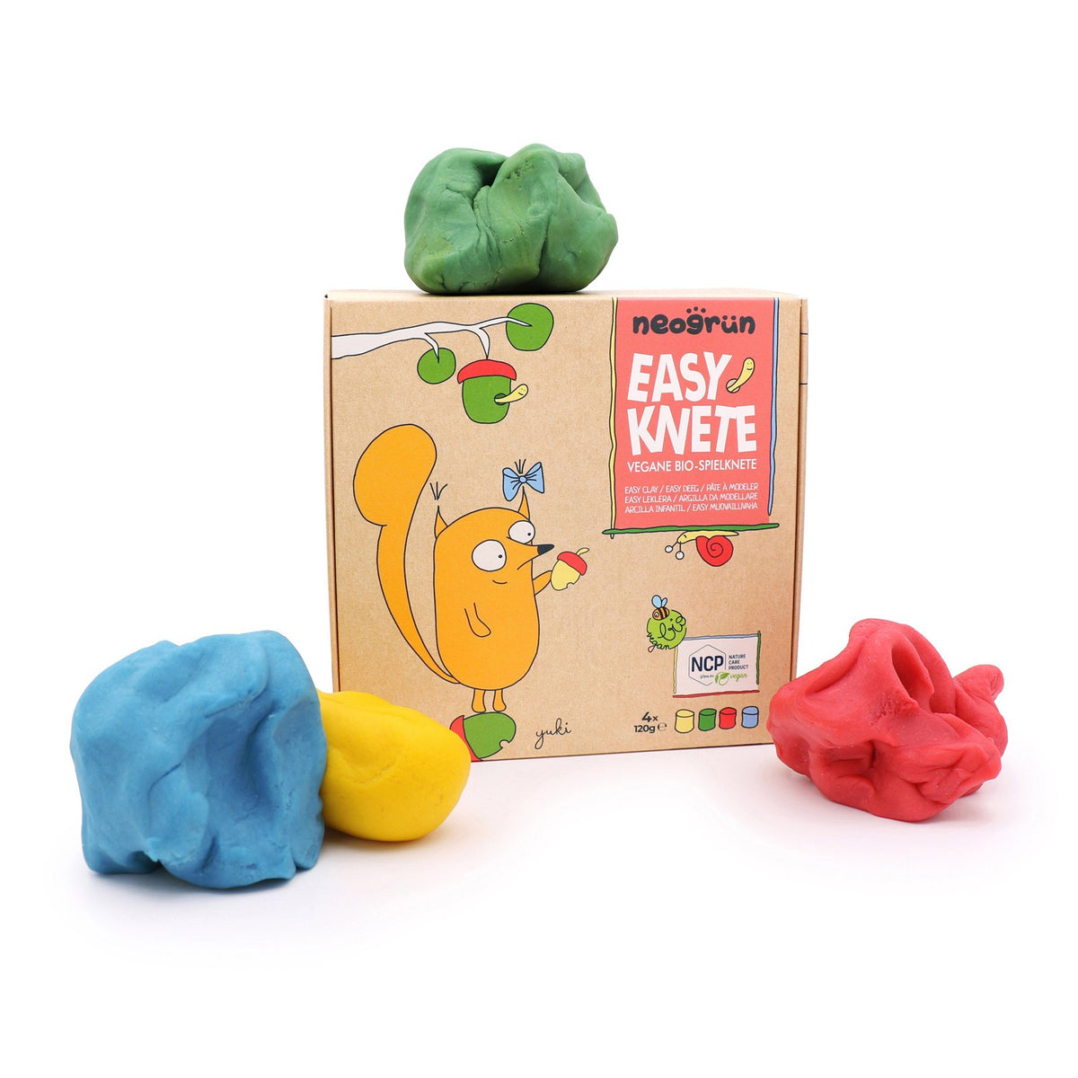 Karton Easy-Knete Yuki mit Knete in Grün, Blau, Gelb und Rot