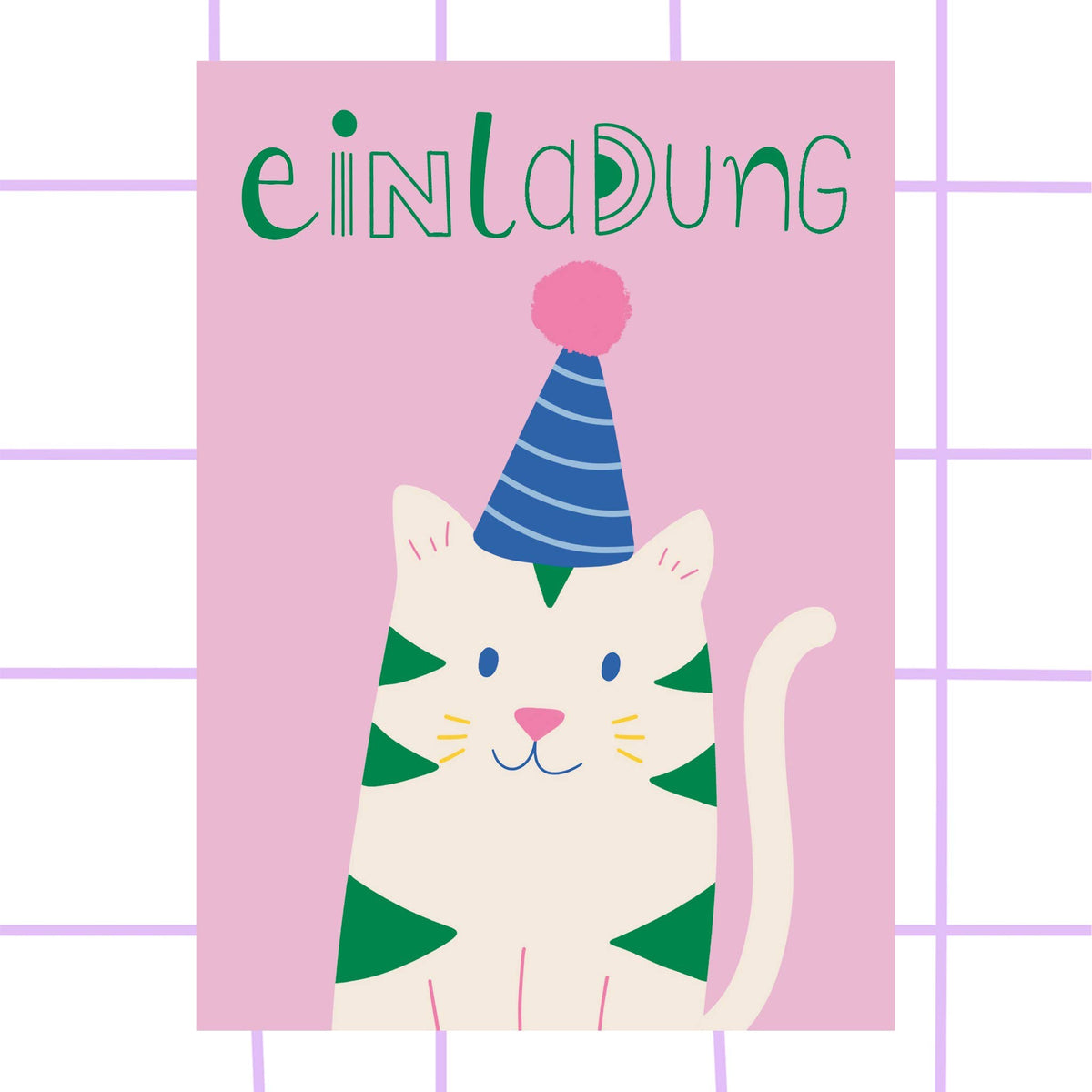 Einladungskarte mit Katze mit Partyhut auf Rosa