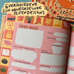Aufgeschlagene Seite Über mich mit wechselnden Seitendesigns