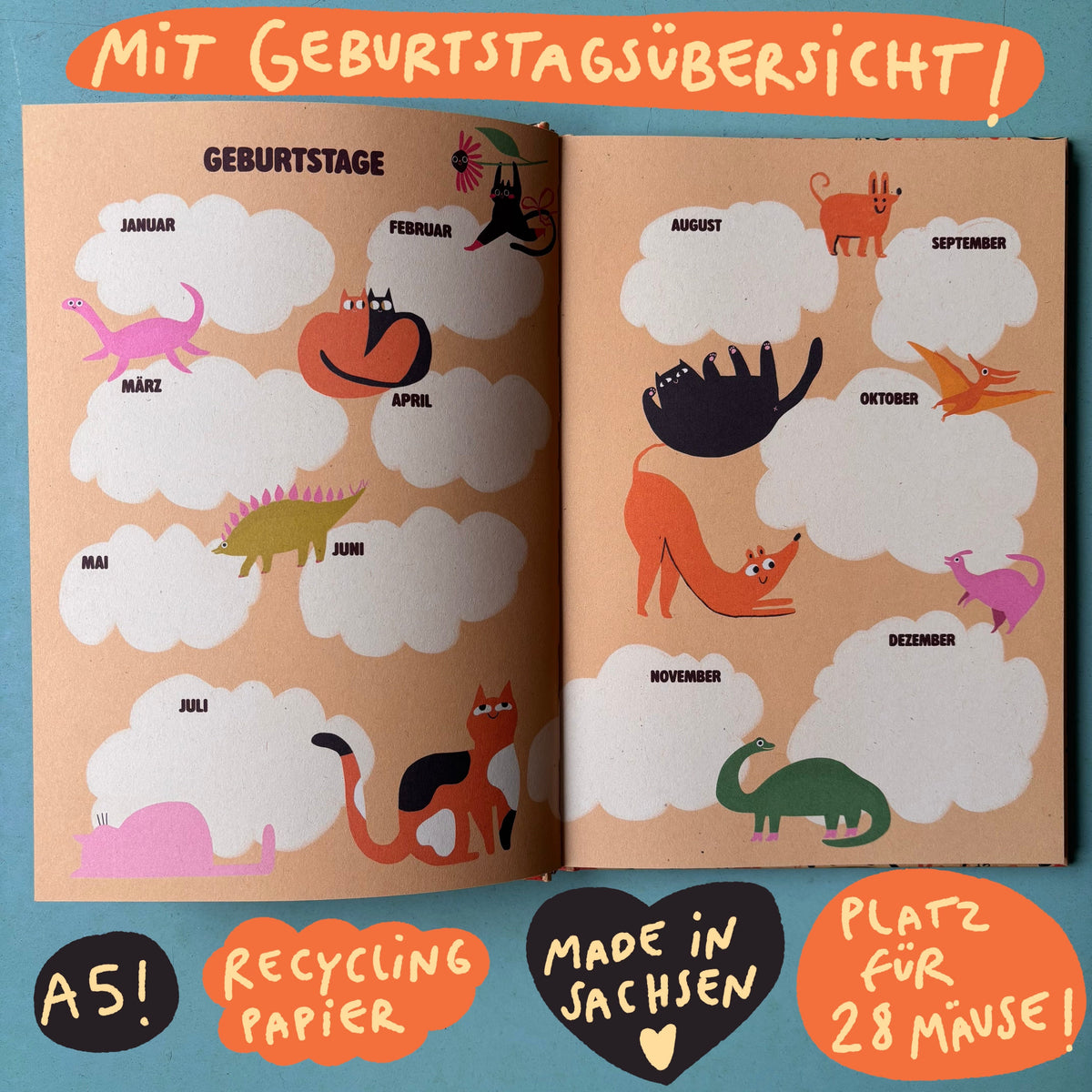 Doppelseite mit Geburtstagsübersicht und gezeichneten Katzen und Dinos