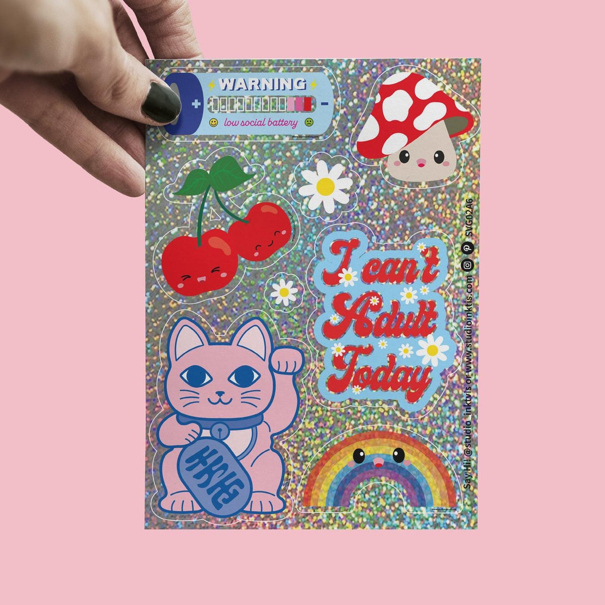 Stickerbogen Maneki Neko vor Rosa