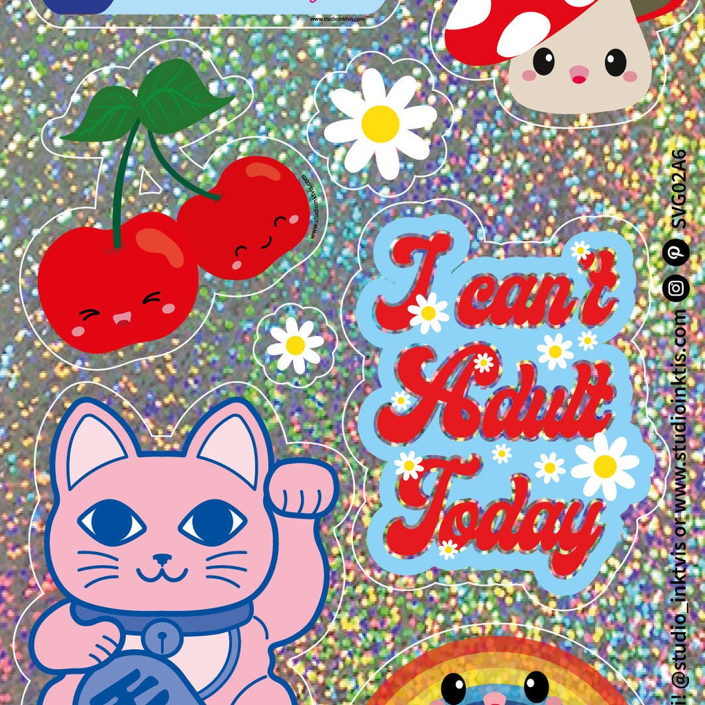 Nahaufnahme des Stickerbogens mit Winkekatze und I can't adult today