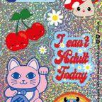 Nahaufnahme des Stickerbogens mit Winkekatze und I can't adult today