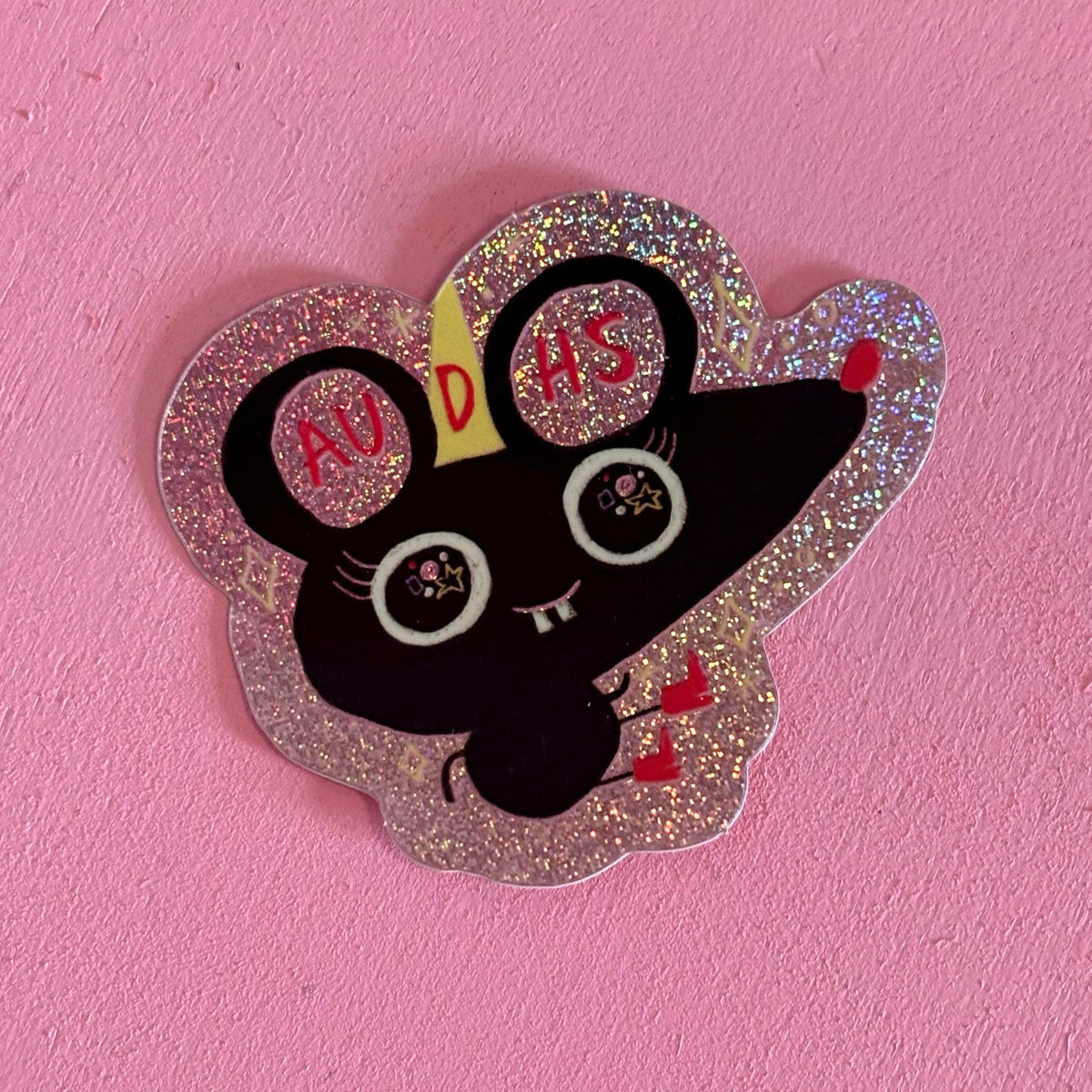 Glitzersticker schwarze Maus mit AuDHS auf den Ohren