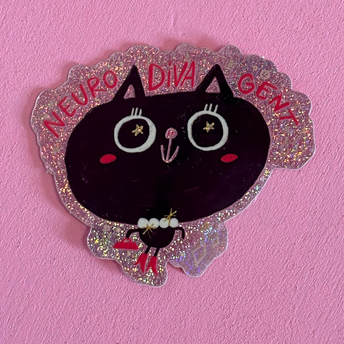 Glitzersticker schwarze Katze mit Schriftzug Neuro-DIVA-gent
