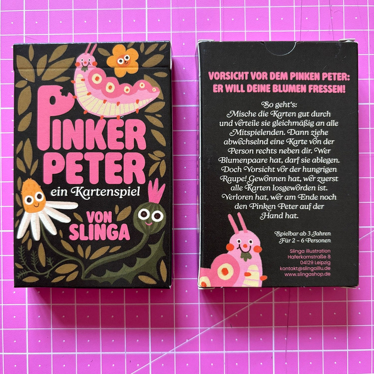 Schachtel Pinker Peter mit Raupe, Vorder- und Rückseite