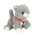 Graue Plüschkatze mit rotem Halfter