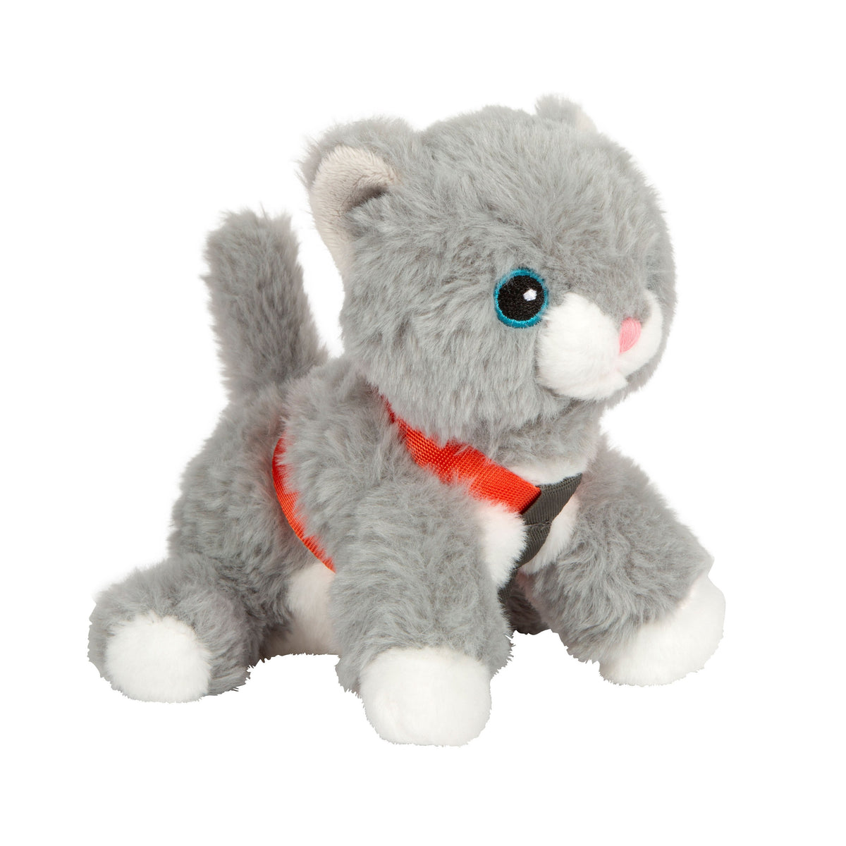 Graue Plüschkatze mit rotem Halfter