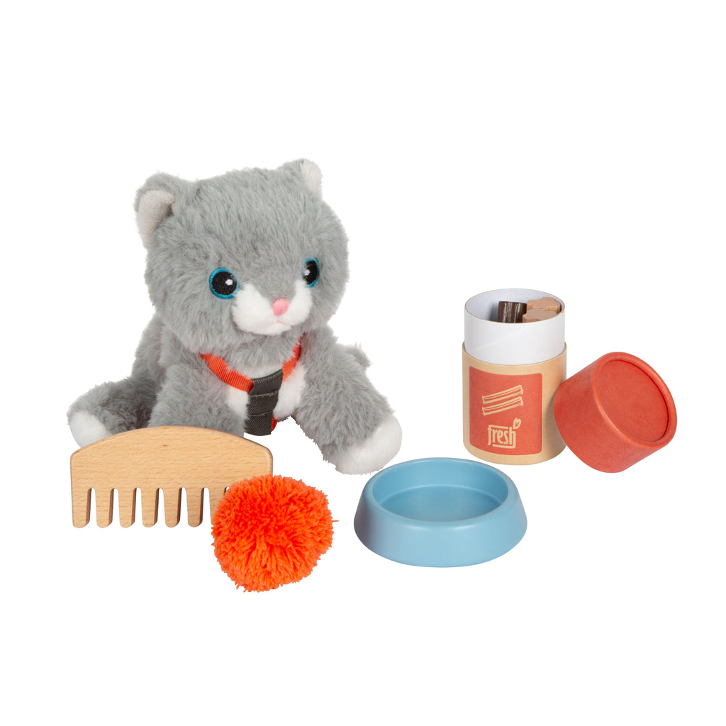 Plüschkatze mit Kamm, Bürste, Napf und Pompon