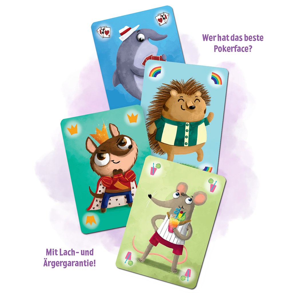 Vier Spielkarten mit Dachs, Igel und Maus