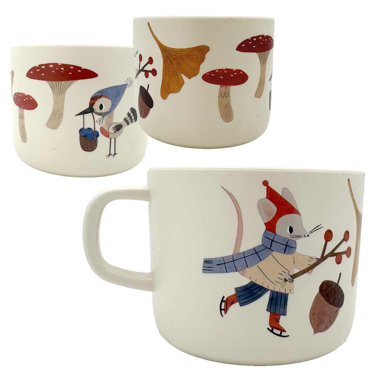 Zwei Ansichten der Kindertasse Waldtiere mit Fliegenpilzen, Vogel und Maus
