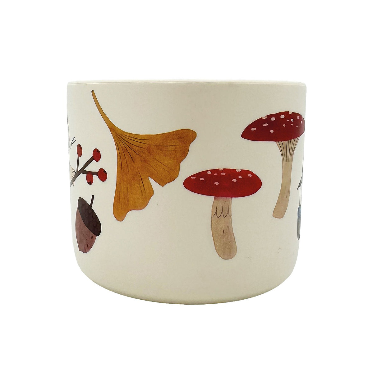 Seite der Tasse mit Ginkgoblatt, Fliegenpilz und Eichel