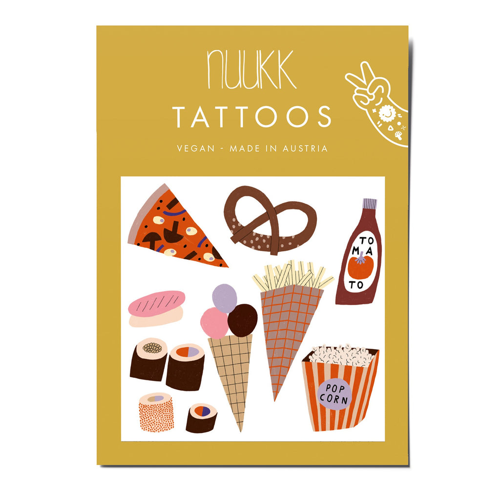 Tattookarte Fastfood mit Pizza, Brezel, Ketchup, Pommes und Popcorn