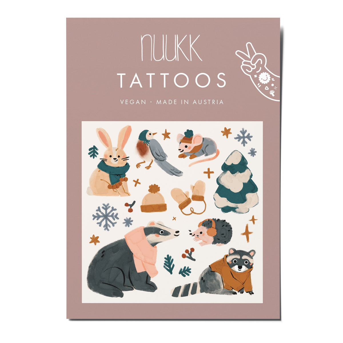 Tattookarte mit Hase, Dachs, Waschbär und Igel in Mützen und Schals