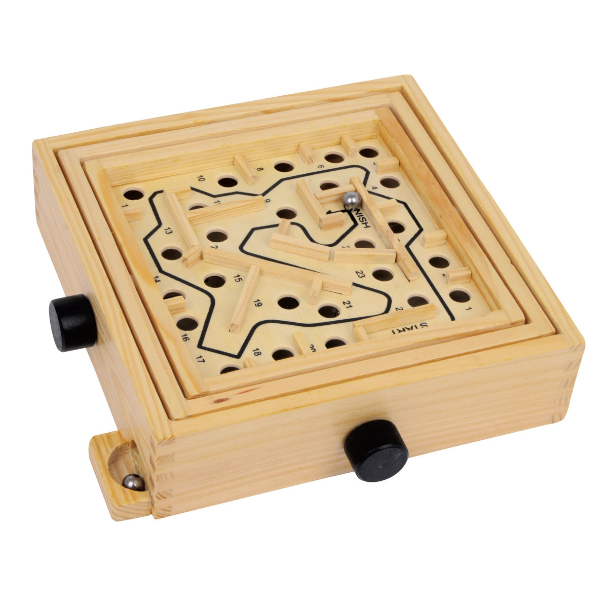 Kugellabyrinth aus Holz mit zwei schwarzen Drehknöpfen