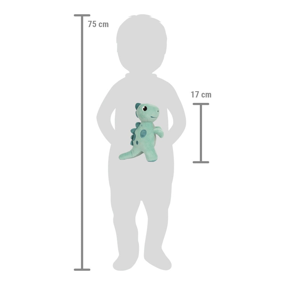 Maßzeichnung des Plüschdinos neben einer Kindersilhouette