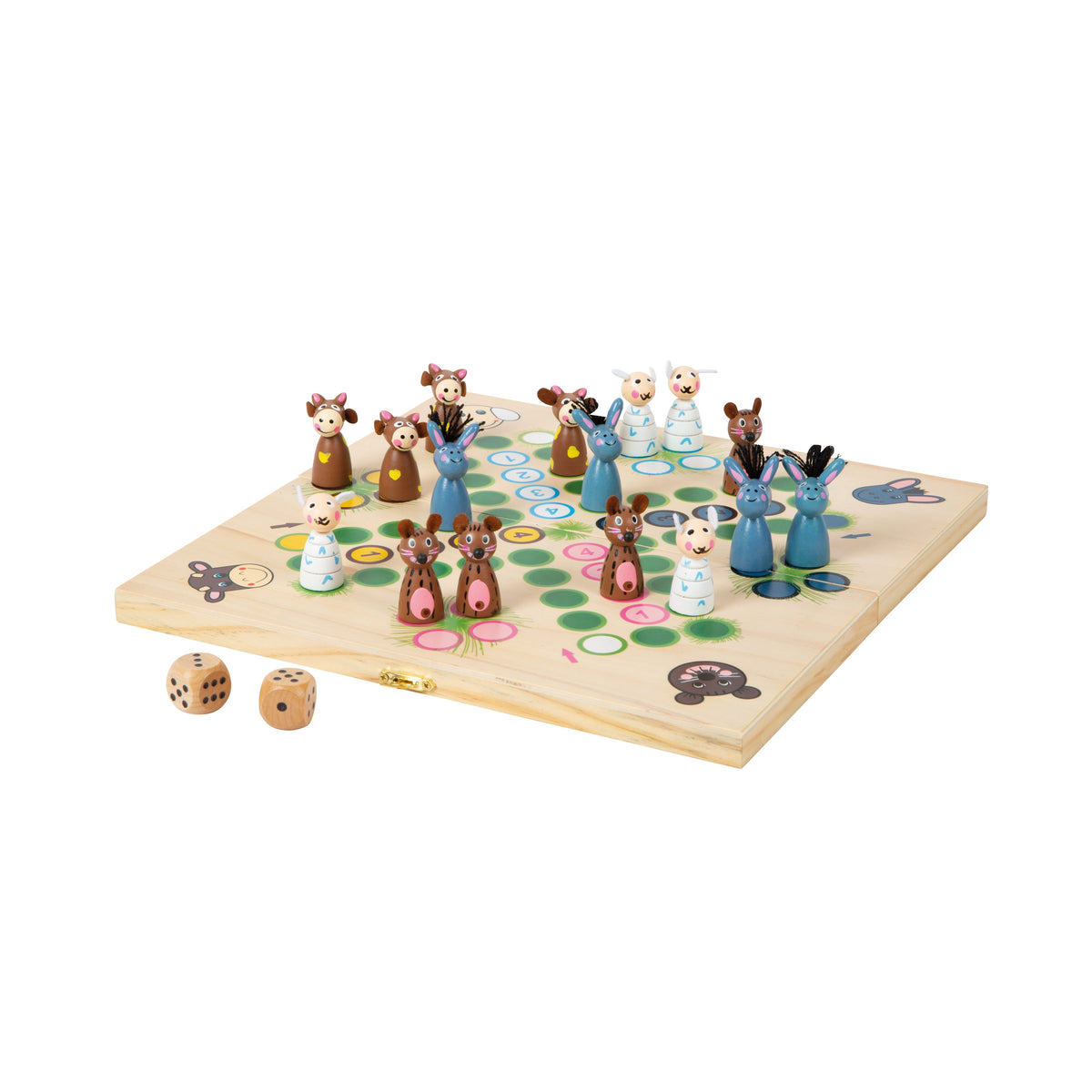 Ludo mit Farmtieren auf aufgeklapptem Holzspielbrett