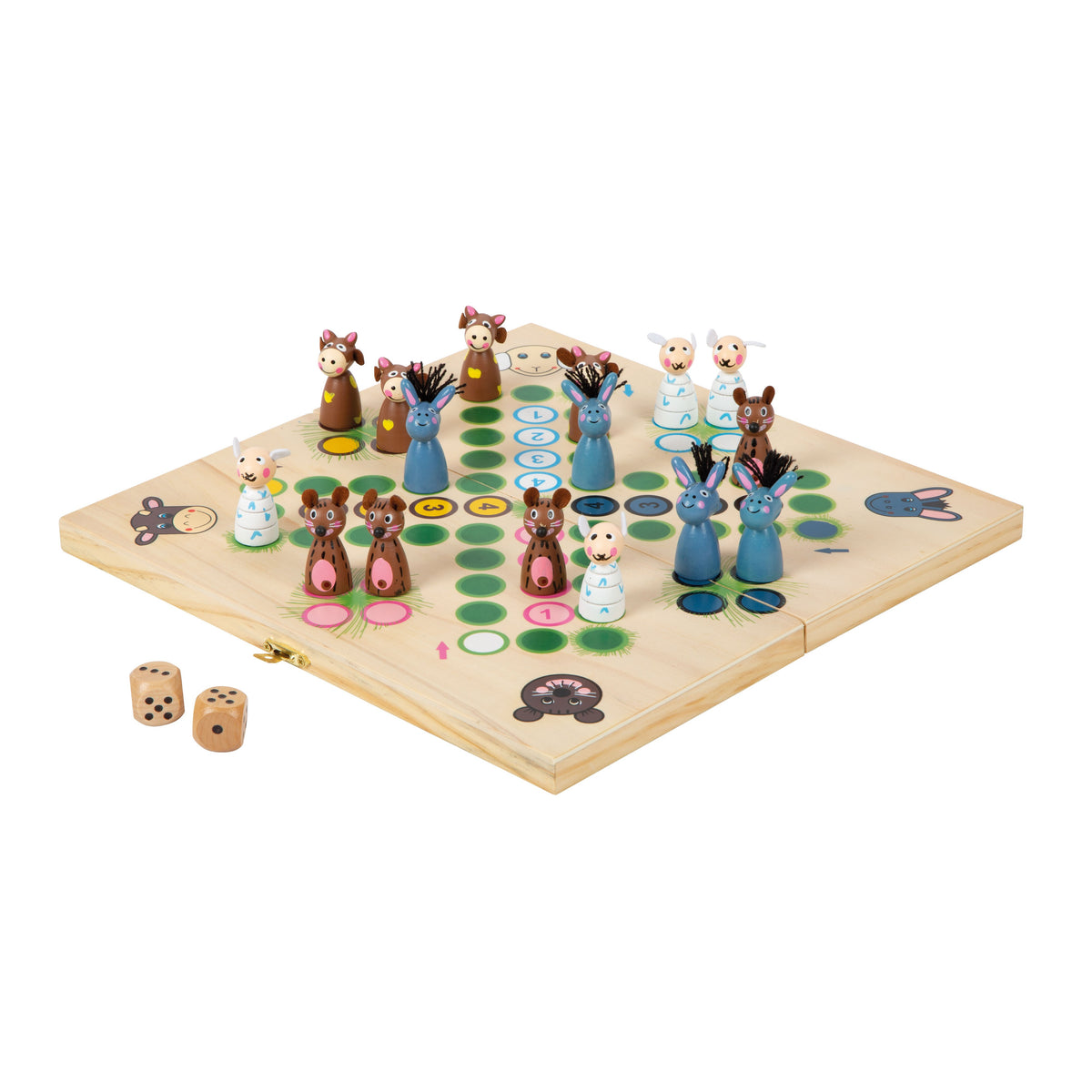 Ludo-Spielbrett mit Tierfiguren und zwei Würfeln