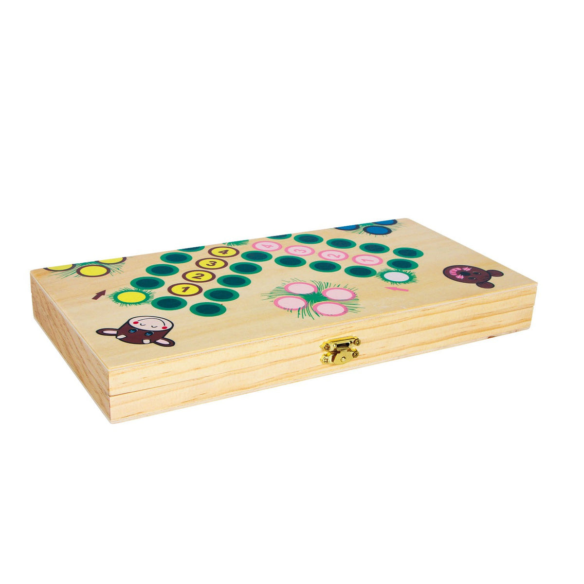 Zugeklappte Holzbox mit Ludo-Spielfeld auf dem Deckel