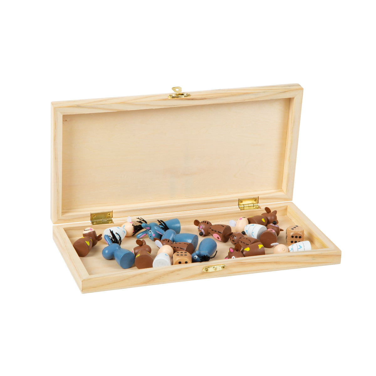 Geöffnete Holzbox mit Spielfiguren
