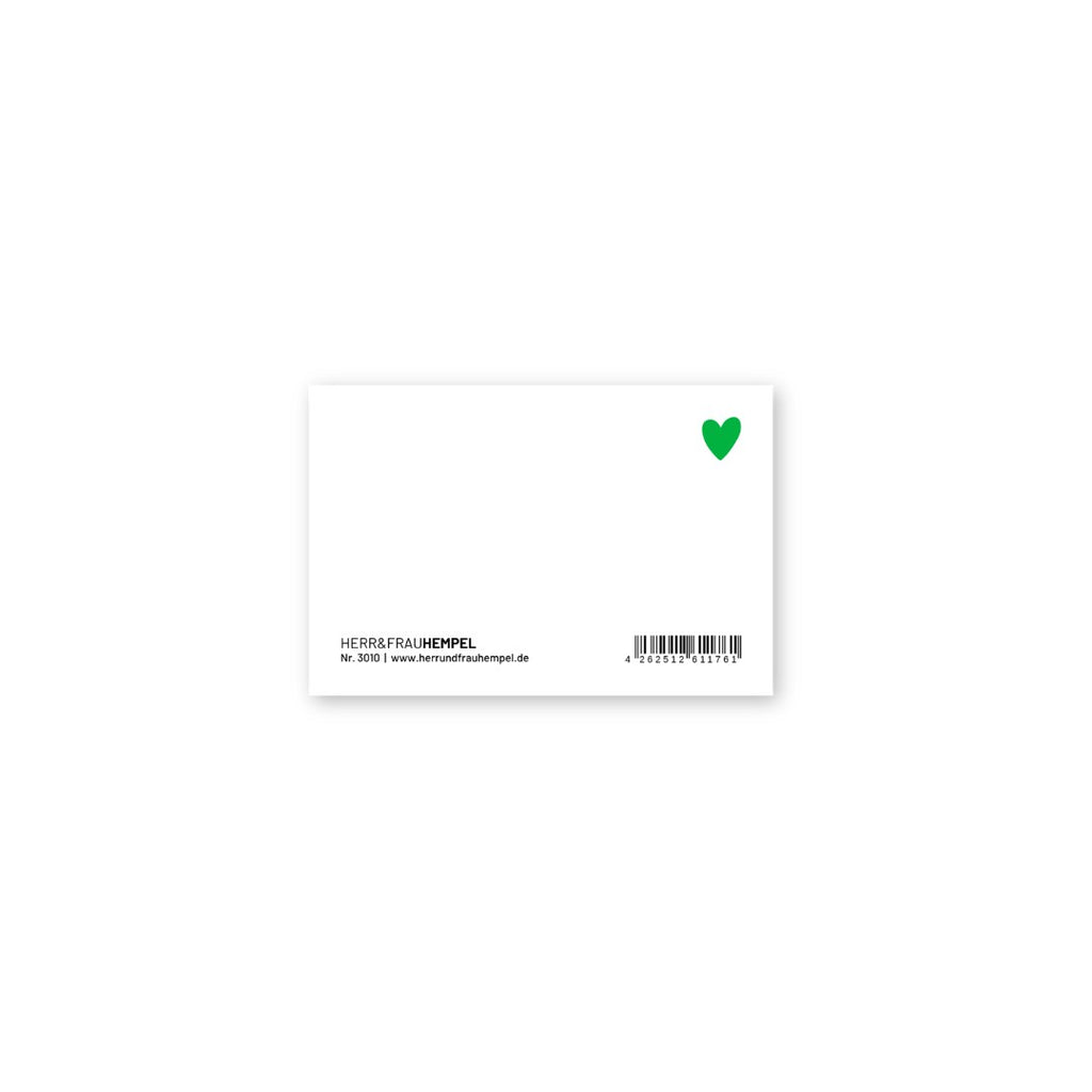 Rückseite der Mini-Postkarte mit grünem Herz