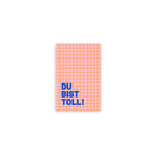Mini-Postkarte mit blauem Schriftzug Du bist toll auf rosa Karomuster