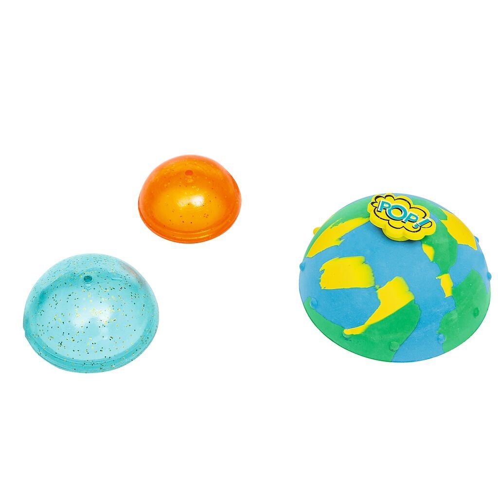 Drei Hüpf-Halbkugeln in Blau, Orange und Weltkugel-Muster