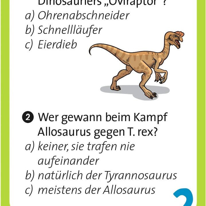 Fragekarte mit Oviraptor-Illustration