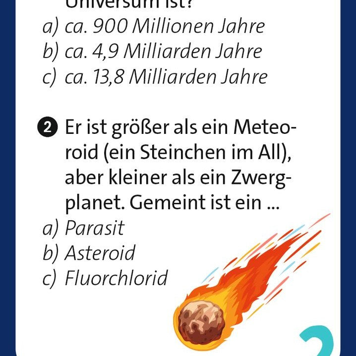 Fragekarte mit Meteoriten-Illustration