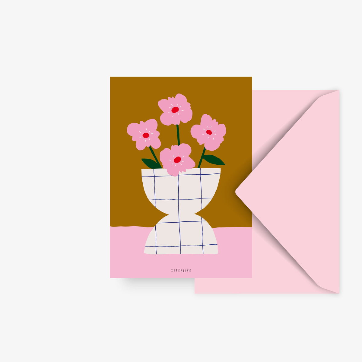Postkarte mit rosa Blumen in weißer Vase