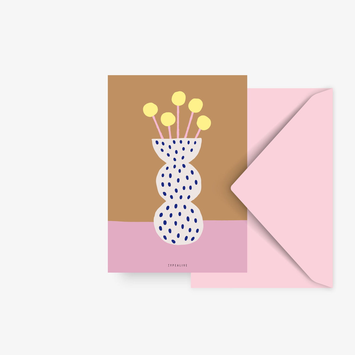Postkarte mit gelben Blumen in gepunkteter Vase