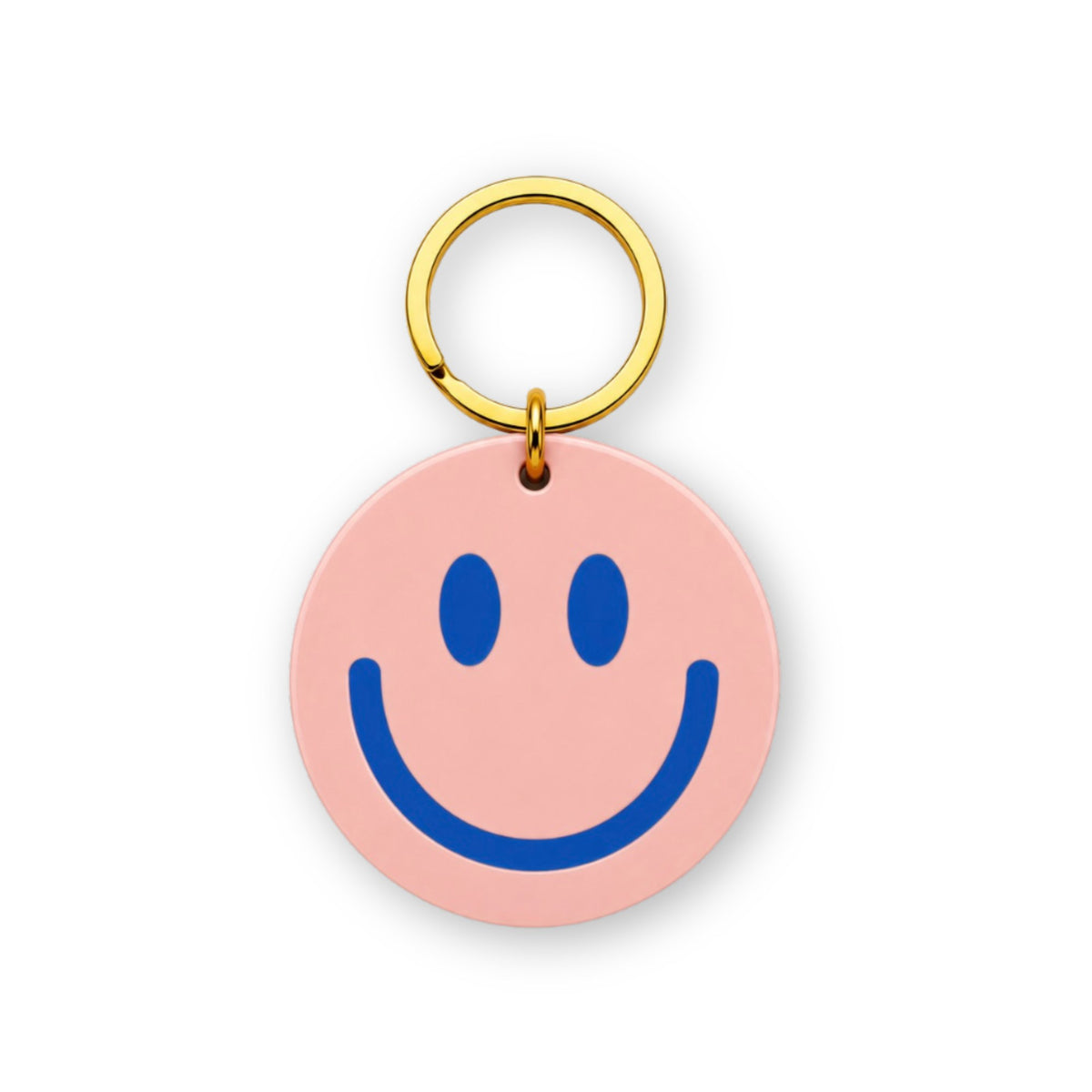 Runder rosa Schlüsselanhänger mit blauem Smiley und goldenem Ring