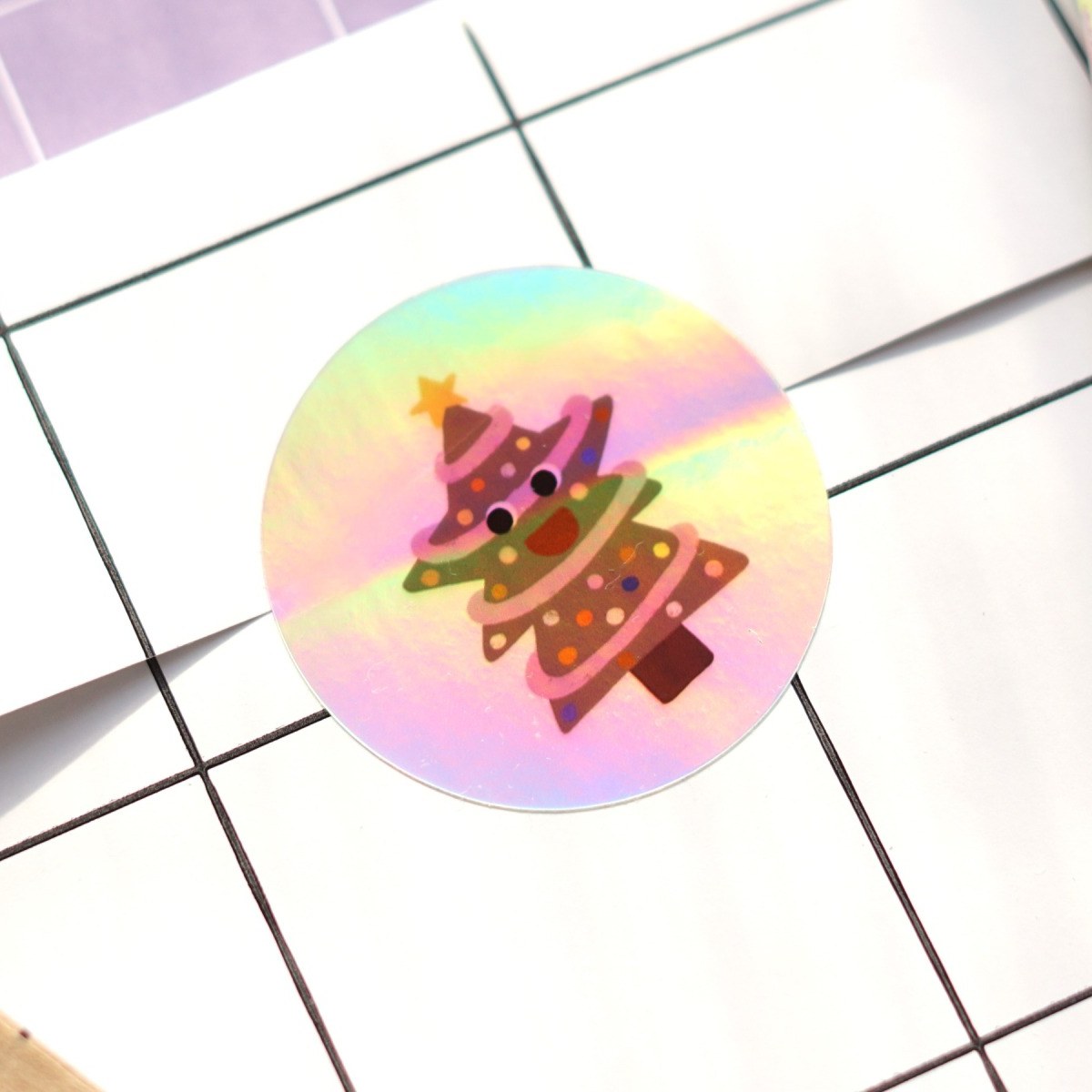 Holografischer runder Sticker mit Tannenbaum