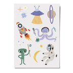 Stickerbogen mit Astronautinnen-Kuh, Tintenfisch, UFO, Planeten und Sternen