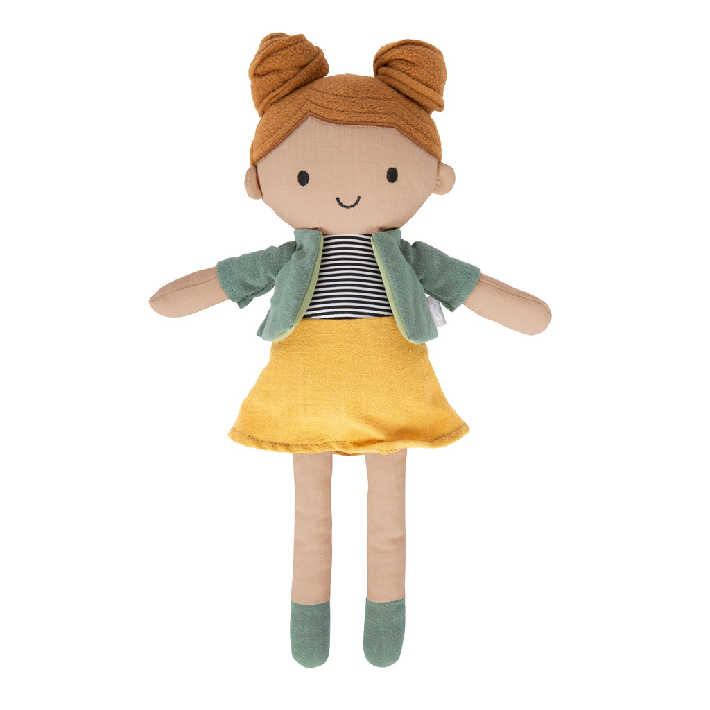Stoffpuppe Maya stehend von vorn, mit grüner Jacke