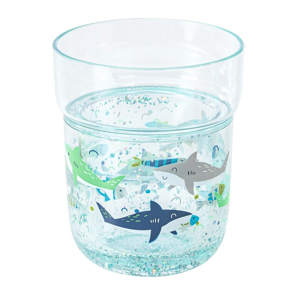 Trinkbecher mit Haimotiv und Glitzer