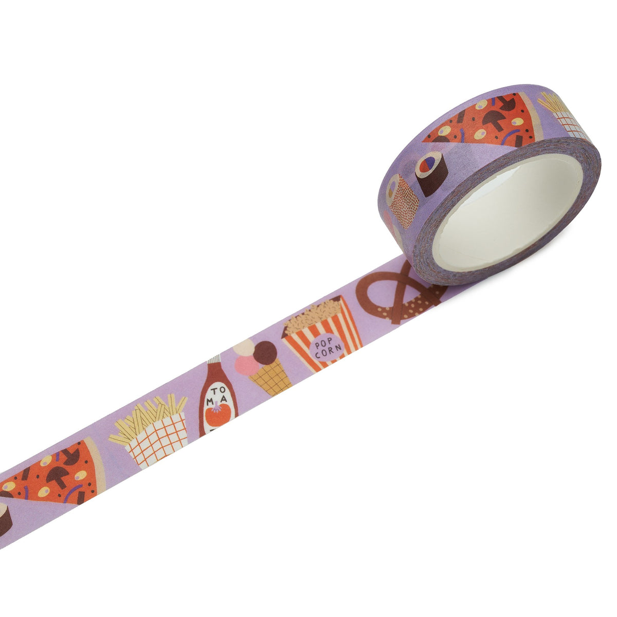 Abgerolltes Washi Tape mit Pizza, Pommes und Brezel auf Lila